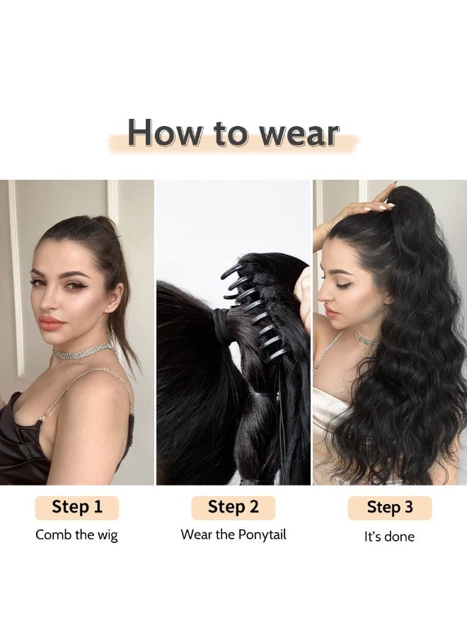 كيلا وصلة شعر ذيل حصان مموجة، وصلة ذيل حصان بمشبك، طول 22 بوصة، ذيل حصان صناعي بمظهر طبيعي، مناسبة للنساء ذوات البشرة السمراء، مثالية للحفلات والاستخدام اليومي، وزن 6 أونصات، لون أسود داكن. - Image 3